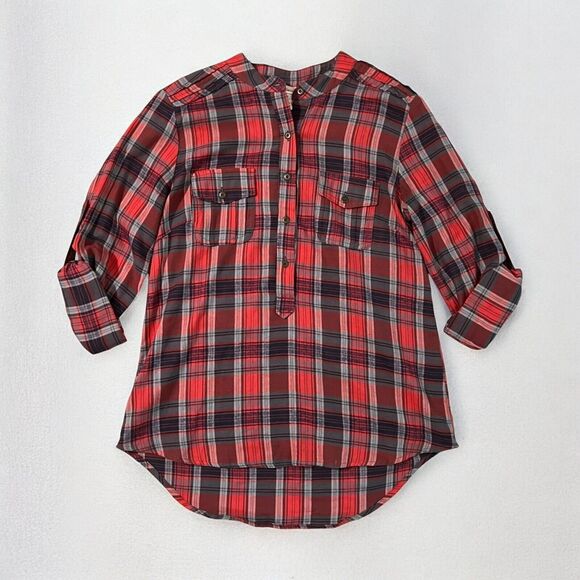 Sundance Red Plaid Flannel Long Sleeve Pull Over Half Button Women's Size Medium - Picture 7 of 10